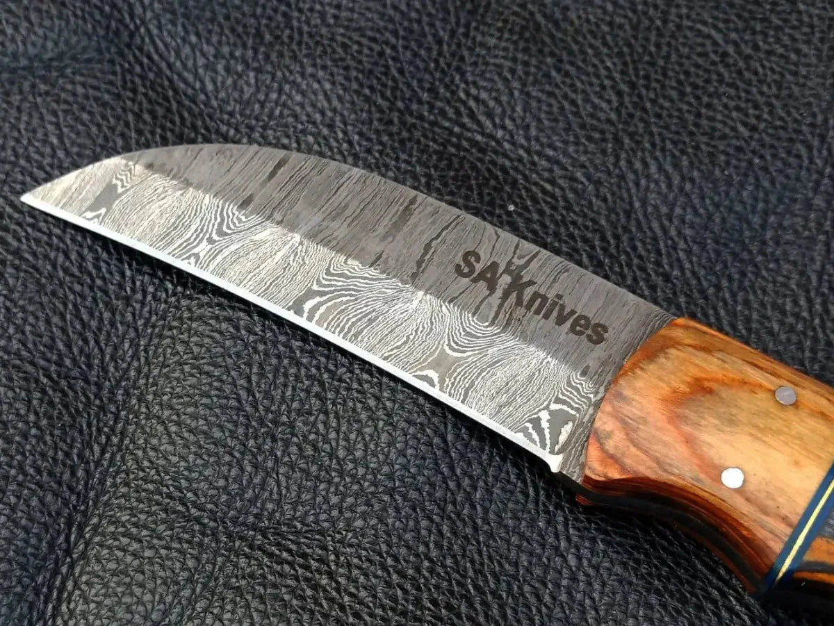Damascus steel skinning knife SAK006 with orange and grey handle for outdoor use