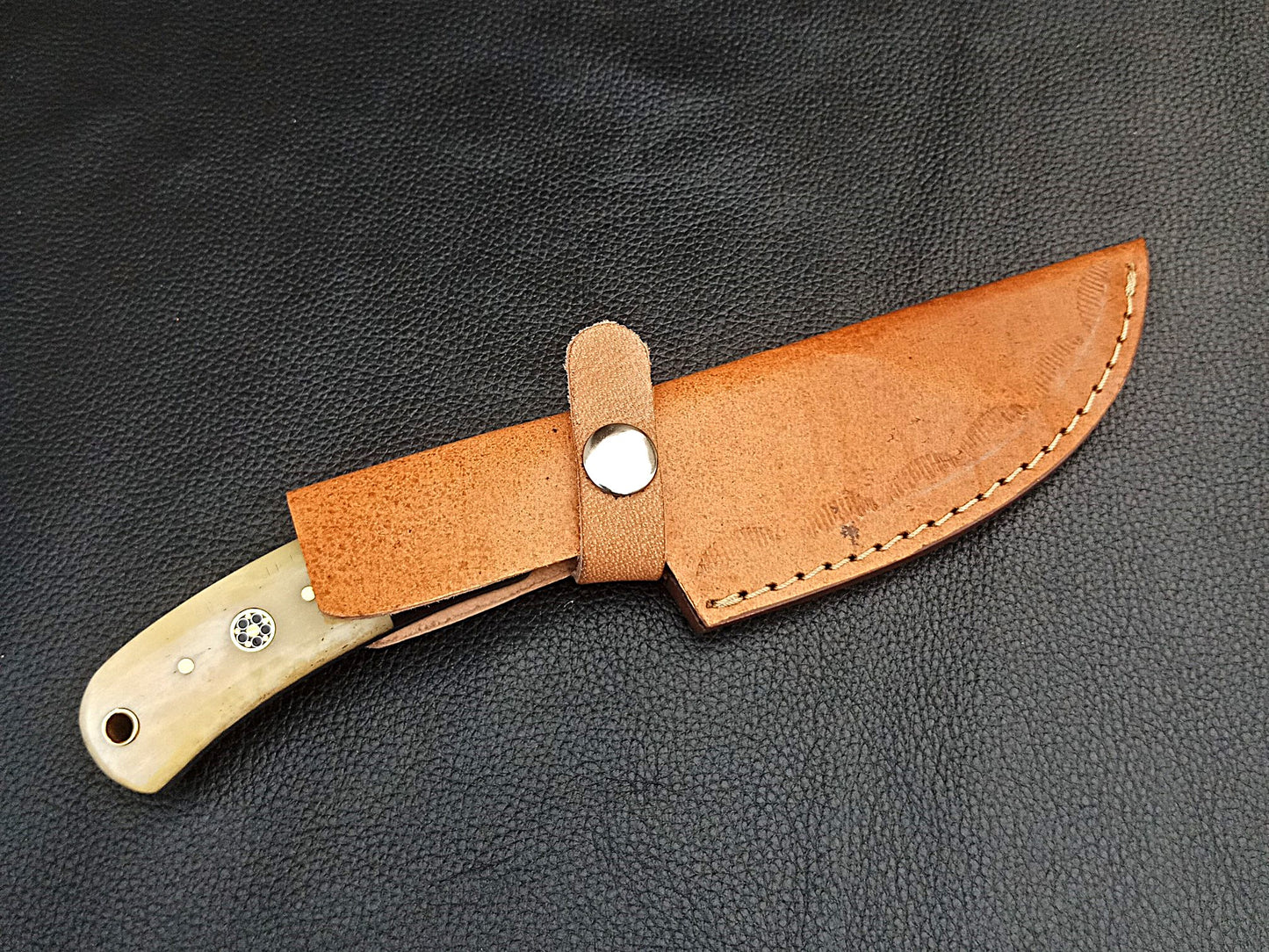 SA-1228 DAMASCUS STEEL SKINING KNIFE- CAMEL BONE BOLSTERS