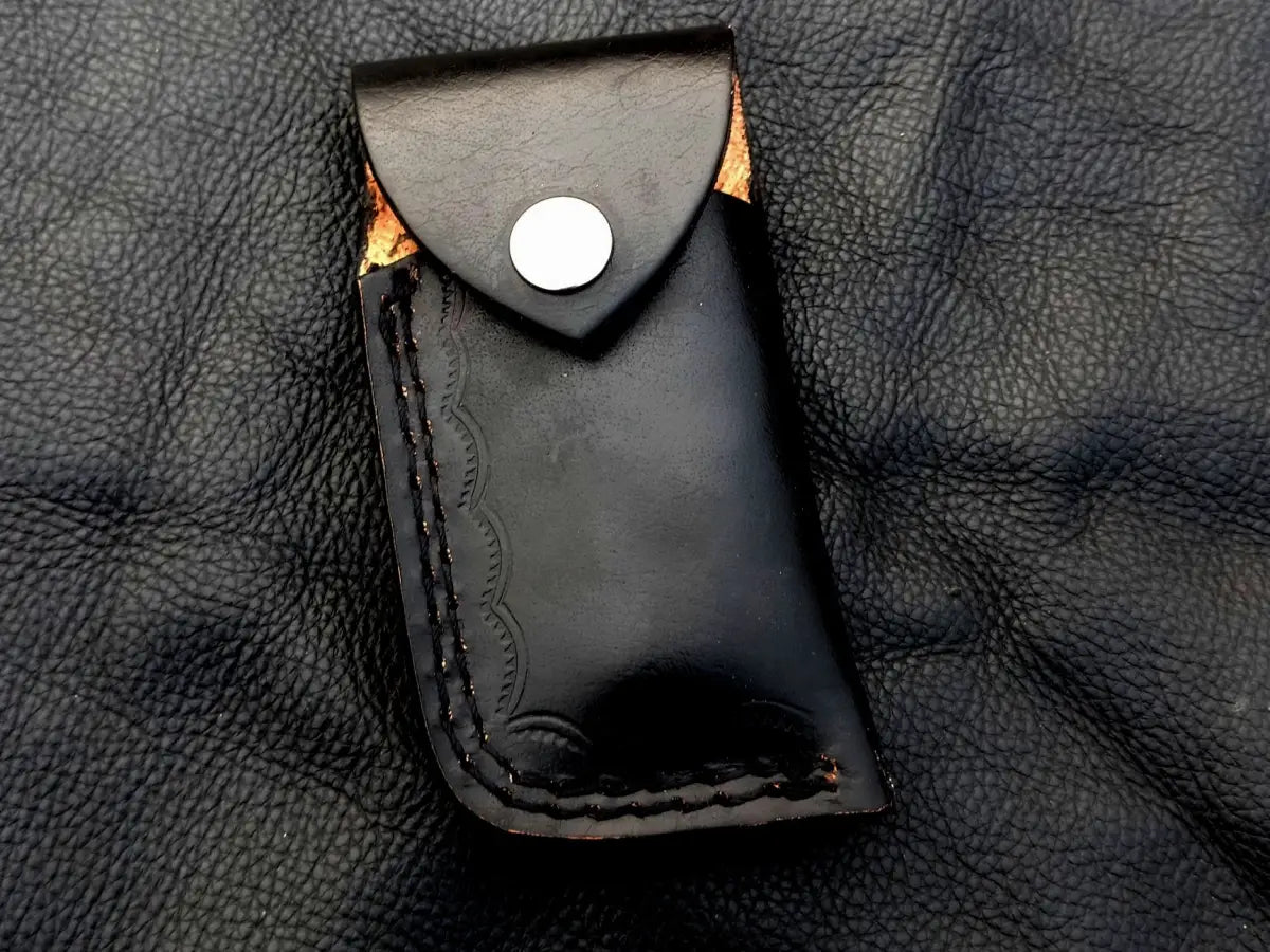 Black leather knife sheath for Handmade Damascus Steel Folding Knife SAF005
