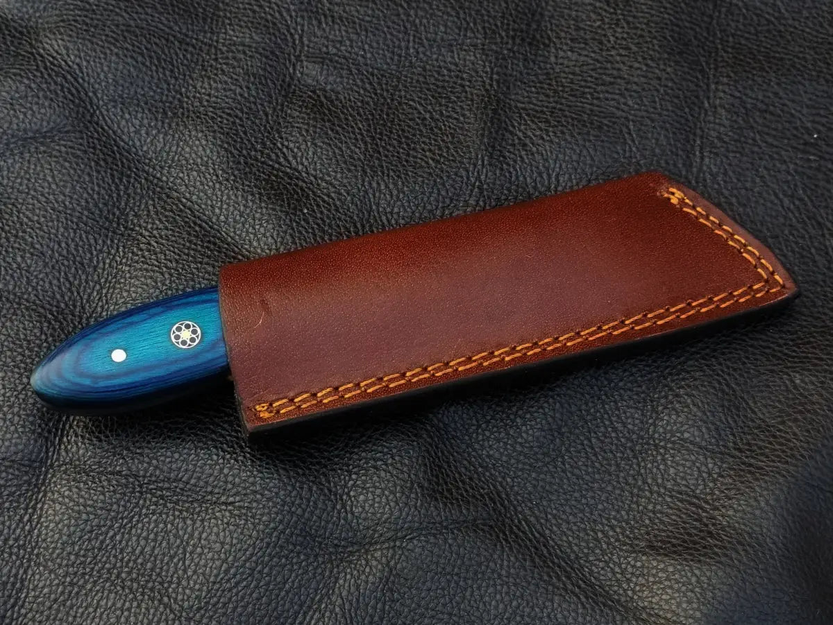 Blue & Grey Skinning Knife SAK003 with blue handle in brown leather sheath