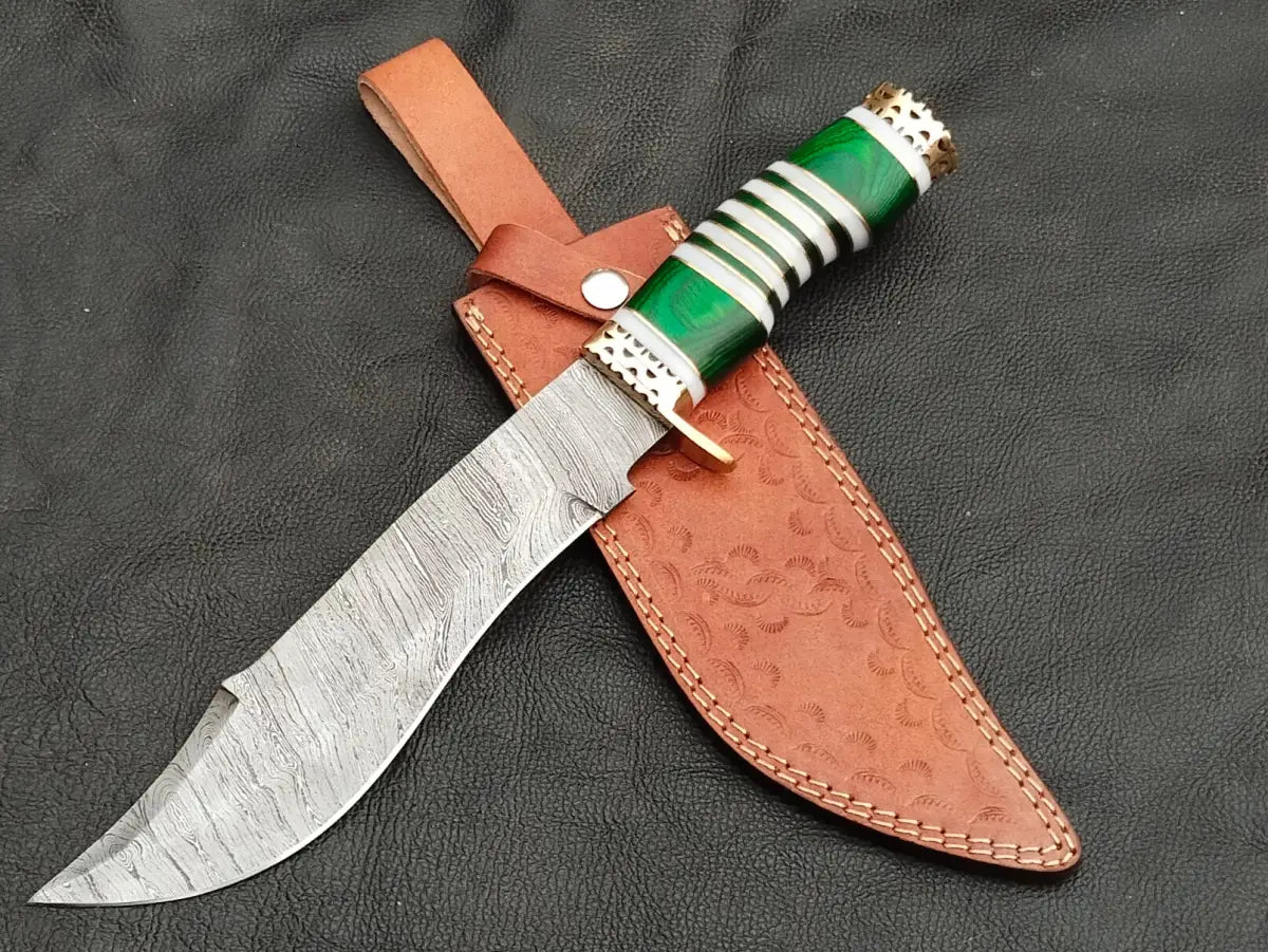 BOWIE GREEN & GREY WOODEN SHEET WITH DAMASCUS BLADE SA04-G - Damascus Steel Bowie