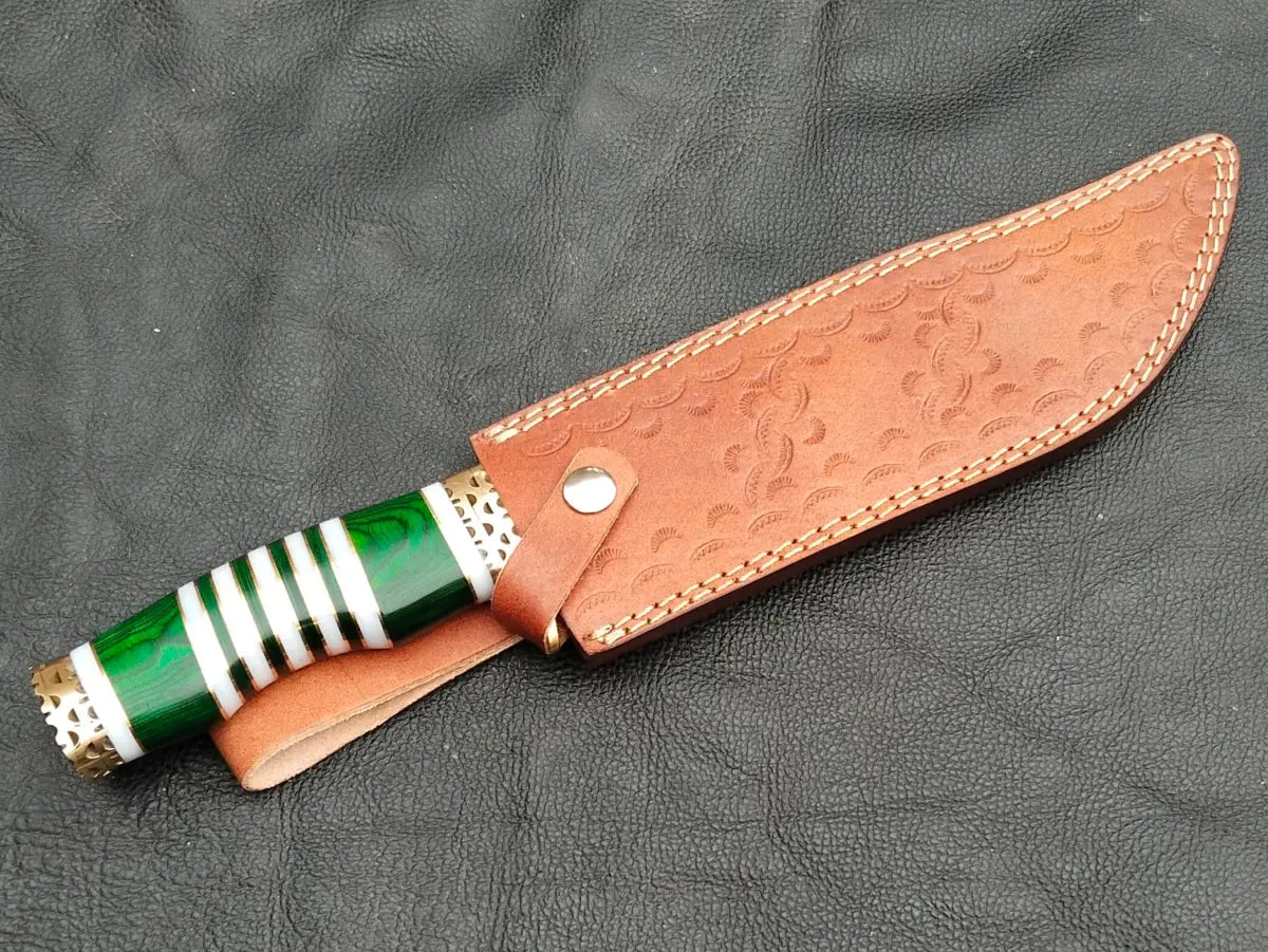 BOWIE GREEN & GREY WOODEN SHEET WITH DAMASCUS BLADE SA04-G - Damascus Steel Bowie