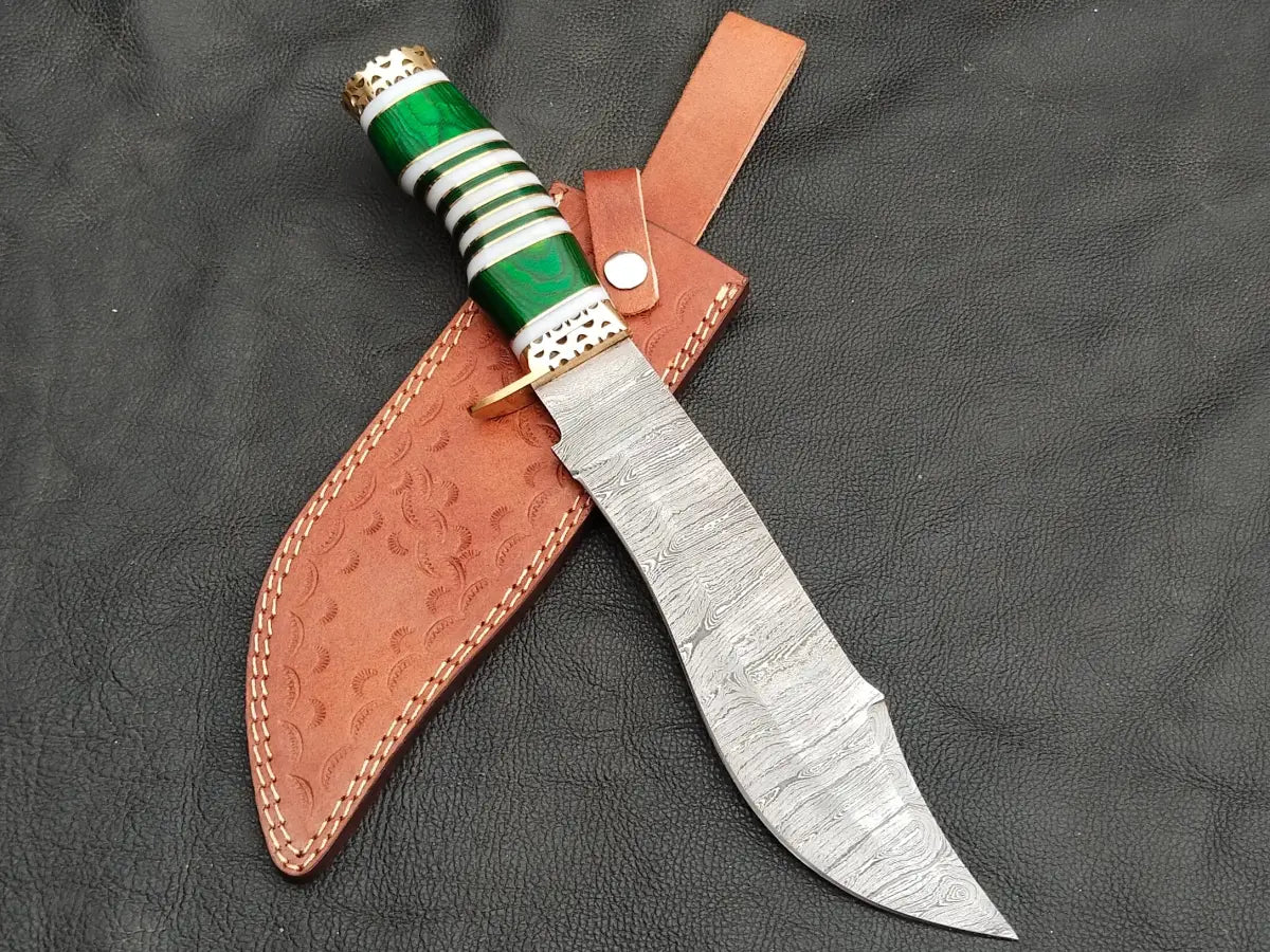 BOWIE GREEN & GREY WOODEN SHEET WITH DAMASCUS BLADE SA04-G - Damascus Steel Bowie