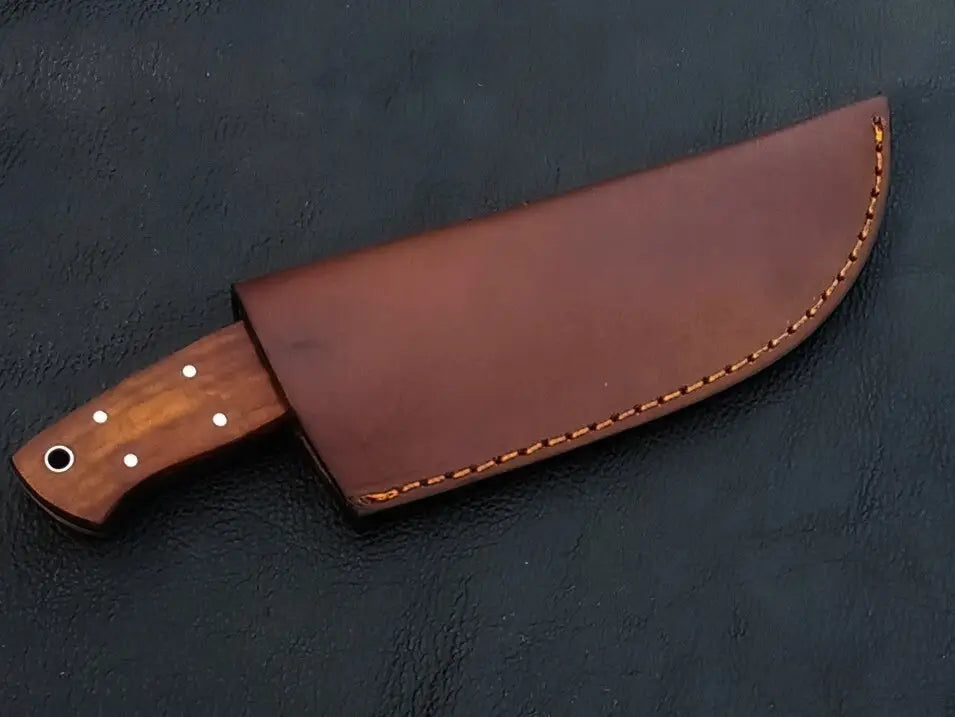 Brown-handled knife in leather sheath, Handmade Damascus Steel Knife - C234