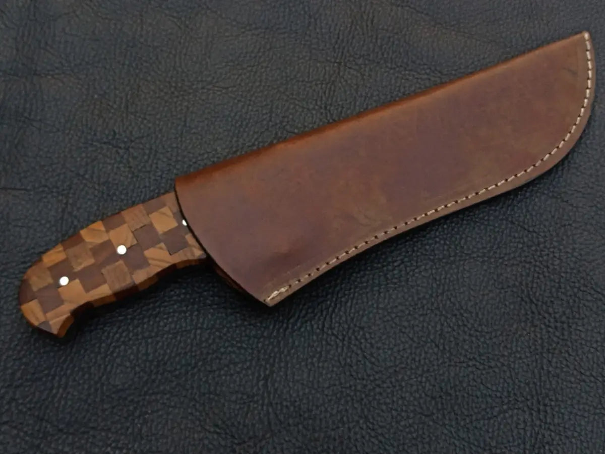 Brown leather knife sheath for Handmade Damascus Steel Hunting Knife C183 with checkered handle
