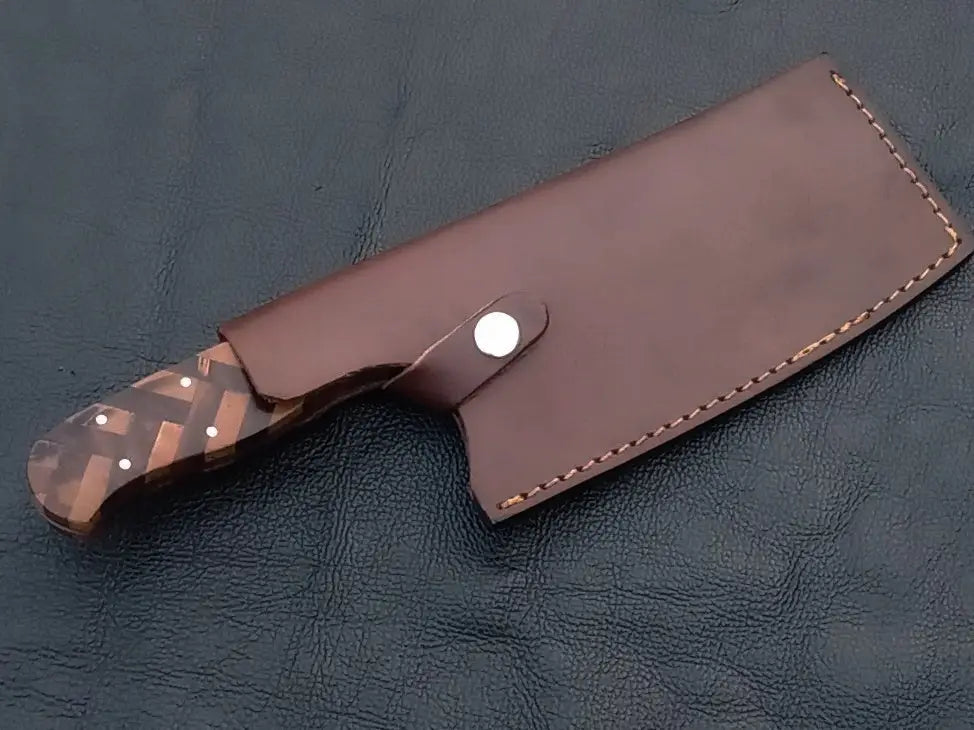 Handmade Damascus Steel Chef’s Cleaver with a brown leather sheath and sharp blade