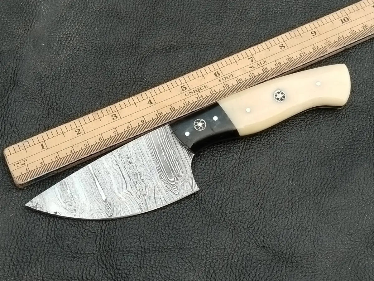 DAMASCUS STEEL BLADE-BLACK HORN BOLSTERS- CAMEL BONE HANDLE-SA-127-C - Damascus hunting knife