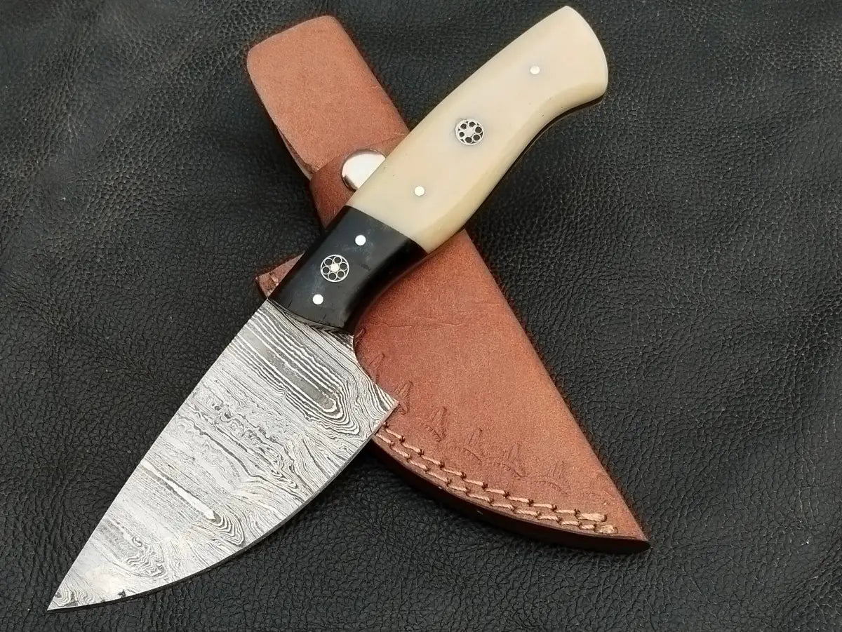 DAMASCUS STEEL BLADE-BLACK HORN BOLSTERS- CAMEL BONE HANDLE-SA-127-C - Damascus hunting knife