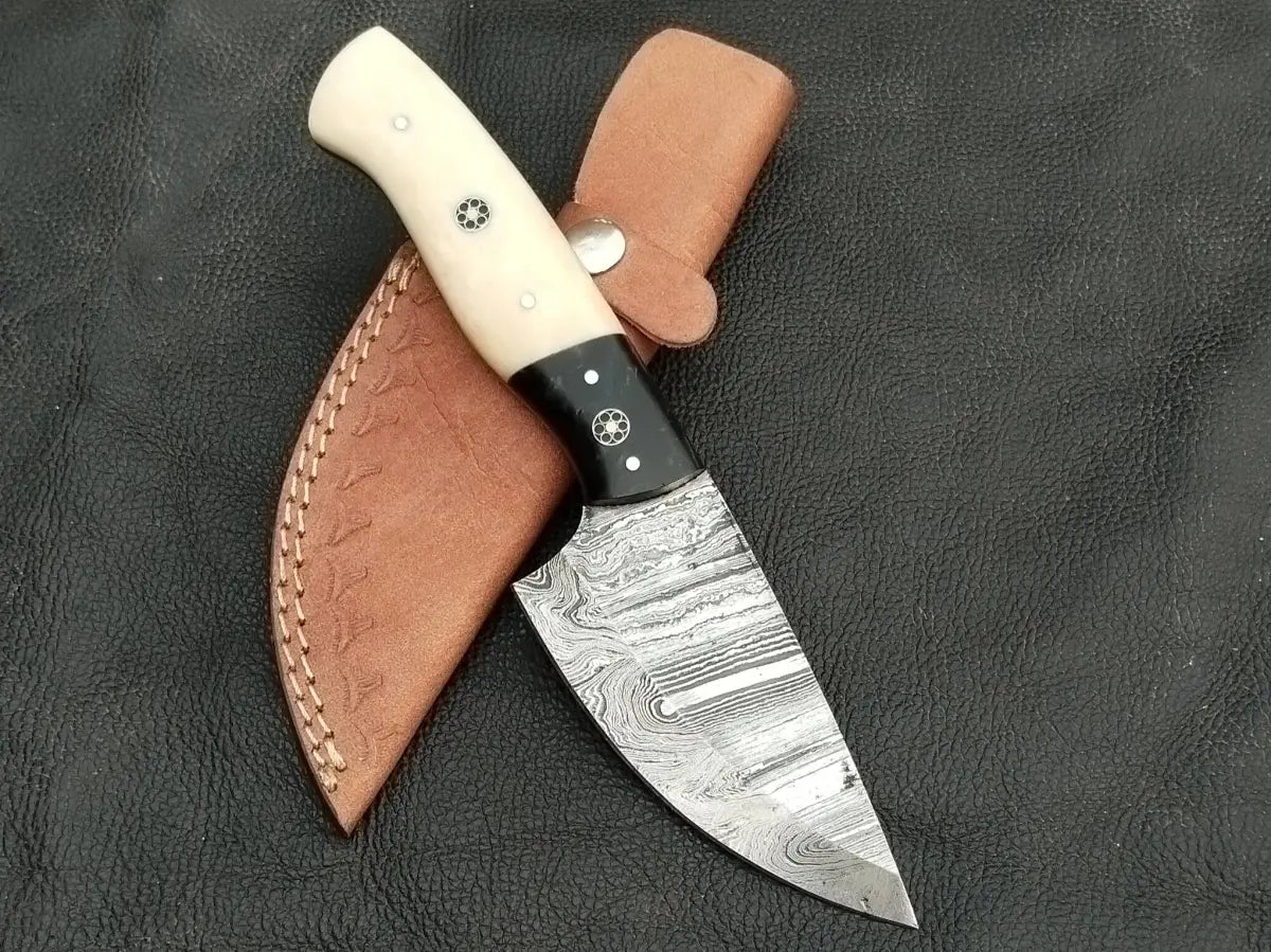 DAMASCUS STEEL BLADE-BLACK HORN BOLSTERS- CAMEL BONE HANDLE-SA-127-C - Damascus hunting knife