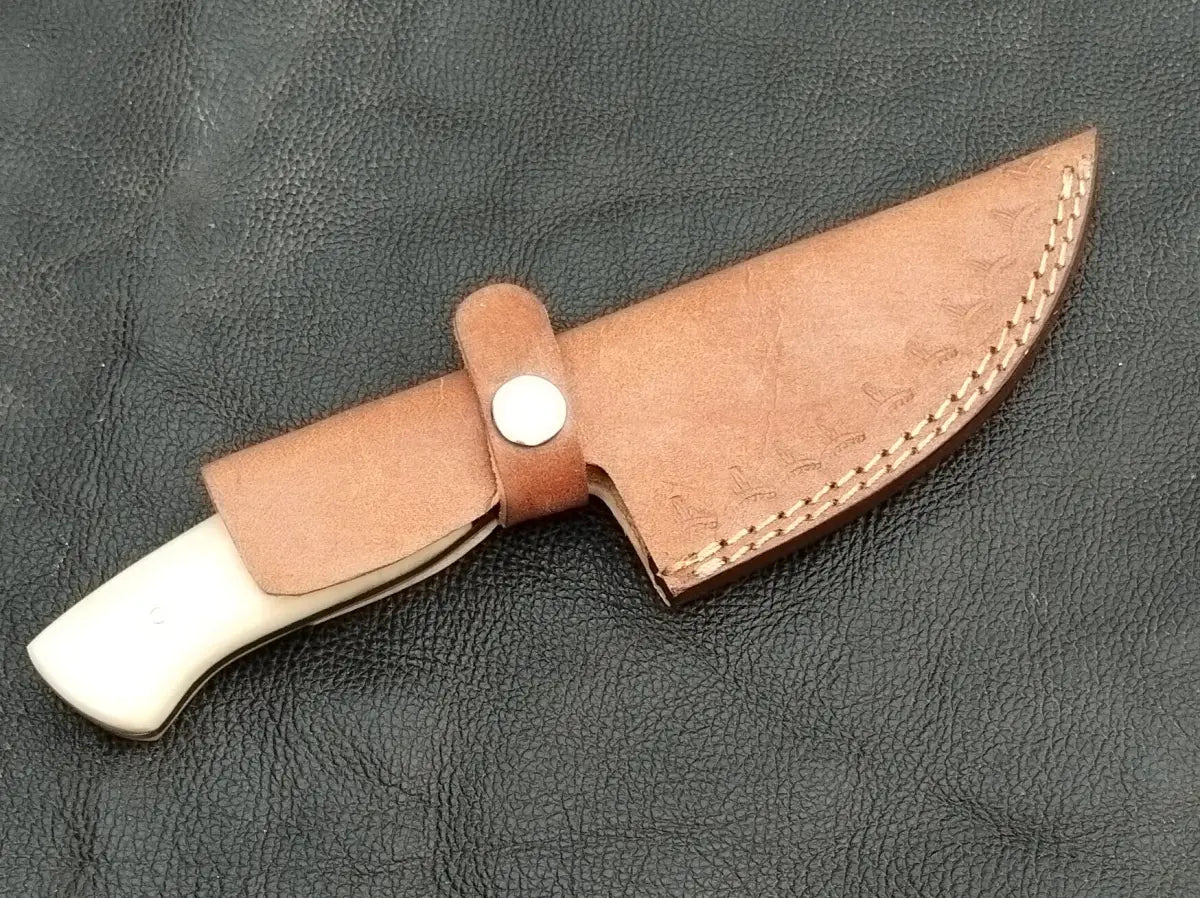 DAMASCUS STEEL BLADE-BLACK HORN BOLSTERS- CAMEL BONE HANDLE-SA-127-C - Damascus hunting knife