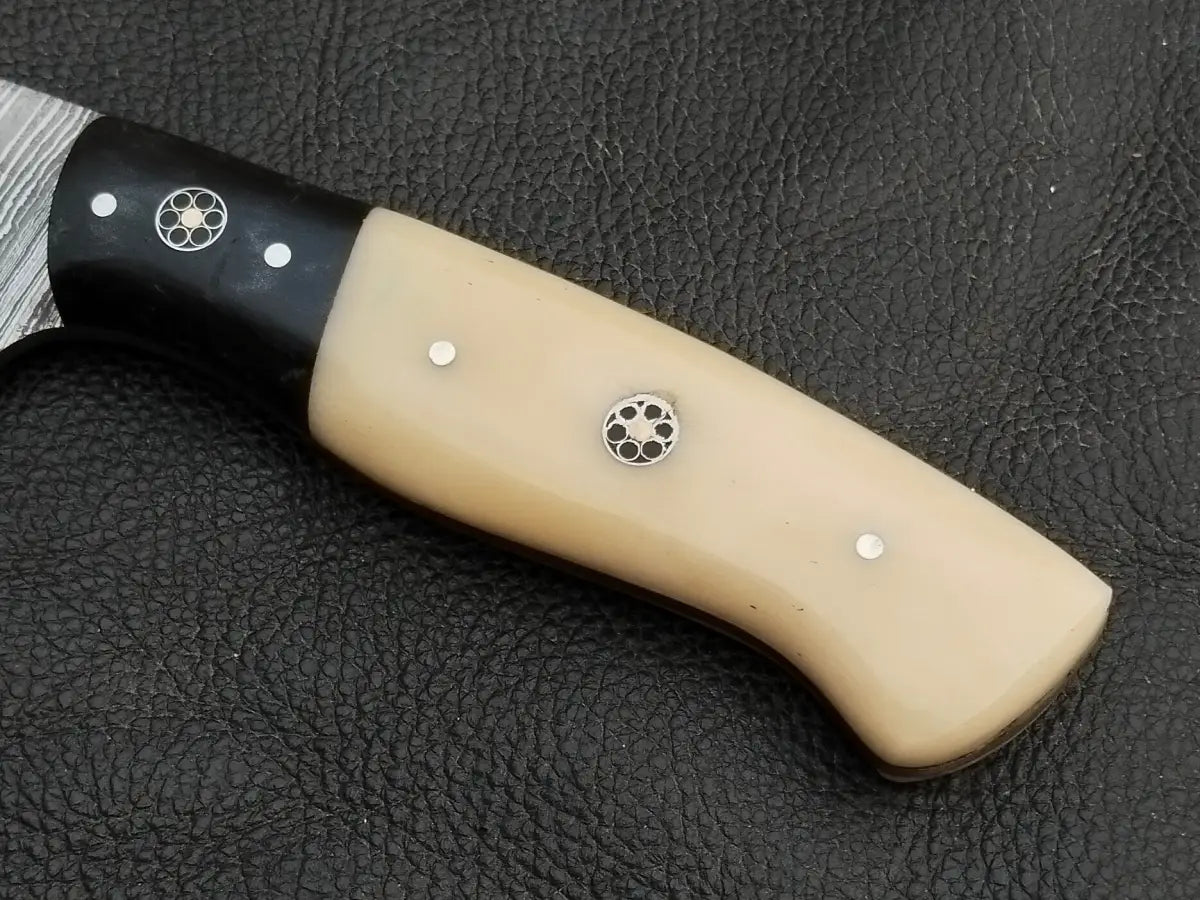 DAMASCUS STEEL BLADE-BLACK HORN BOLSTERS- CAMEL BONE HANDLE-SA-127-C - Damascus hunting knife
