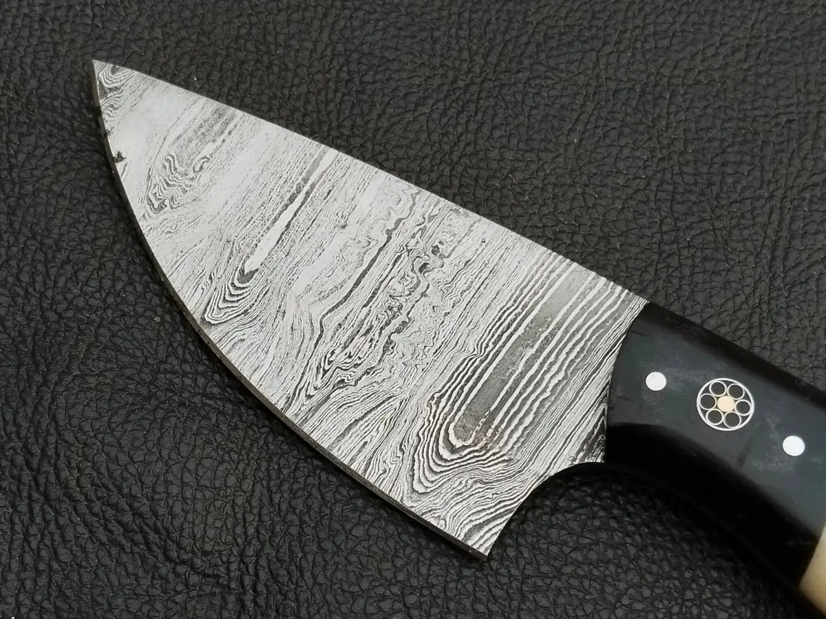 DAMASCUS STEEL BLADE-BLACK HORN BOLSTERS- CAMEL BONE HANDLE-SA-127-C - Damascus hunting knife