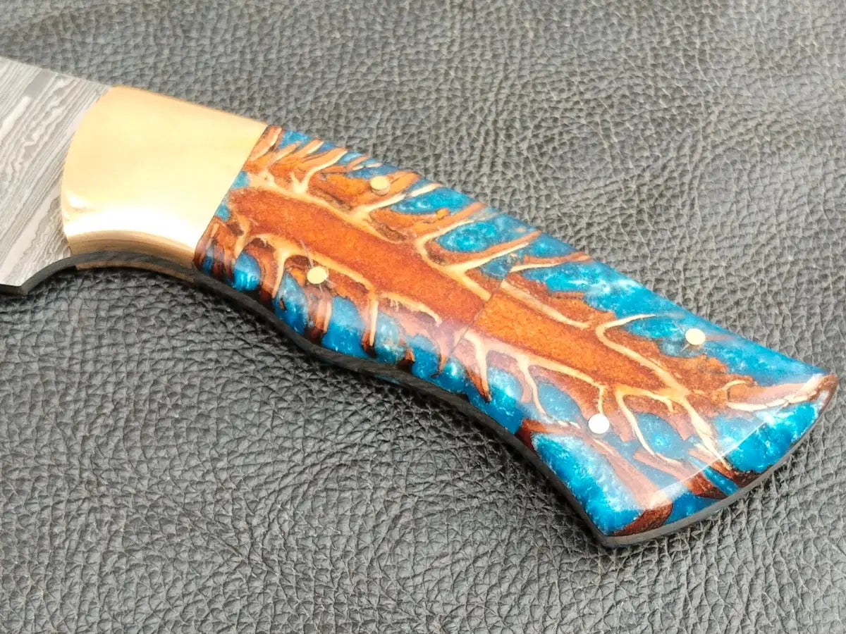 DAMASCUS STEEL BLADE-BRASS BOLSTERS- ROOTD EPOXY RESIN HANDLE-SA-121-ER - Damascus hunting knife