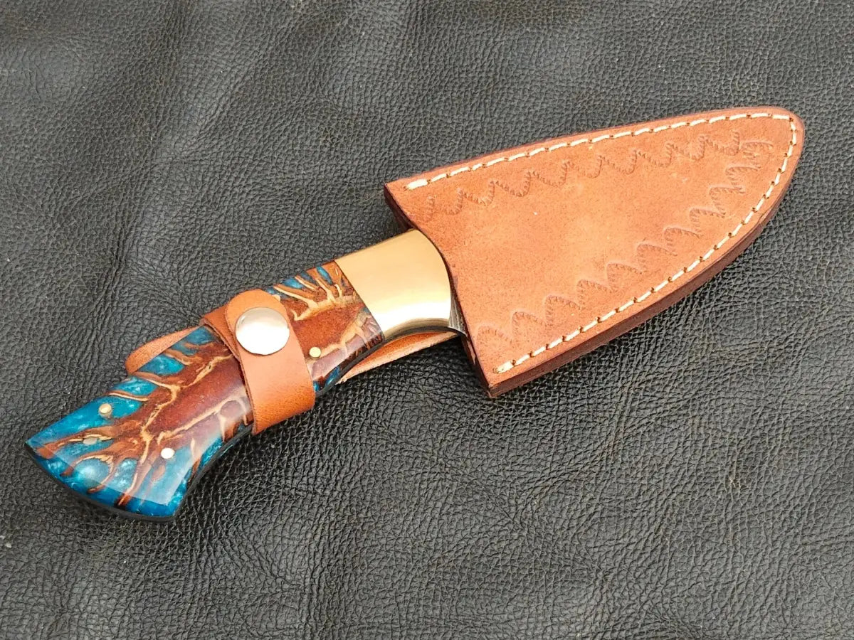 DAMASCUS STEEL BLADE-BRASS BOLSTERS- ROOTD EPOXY RESIN HANDLE-SA-121-ER - Damascus hunting knife