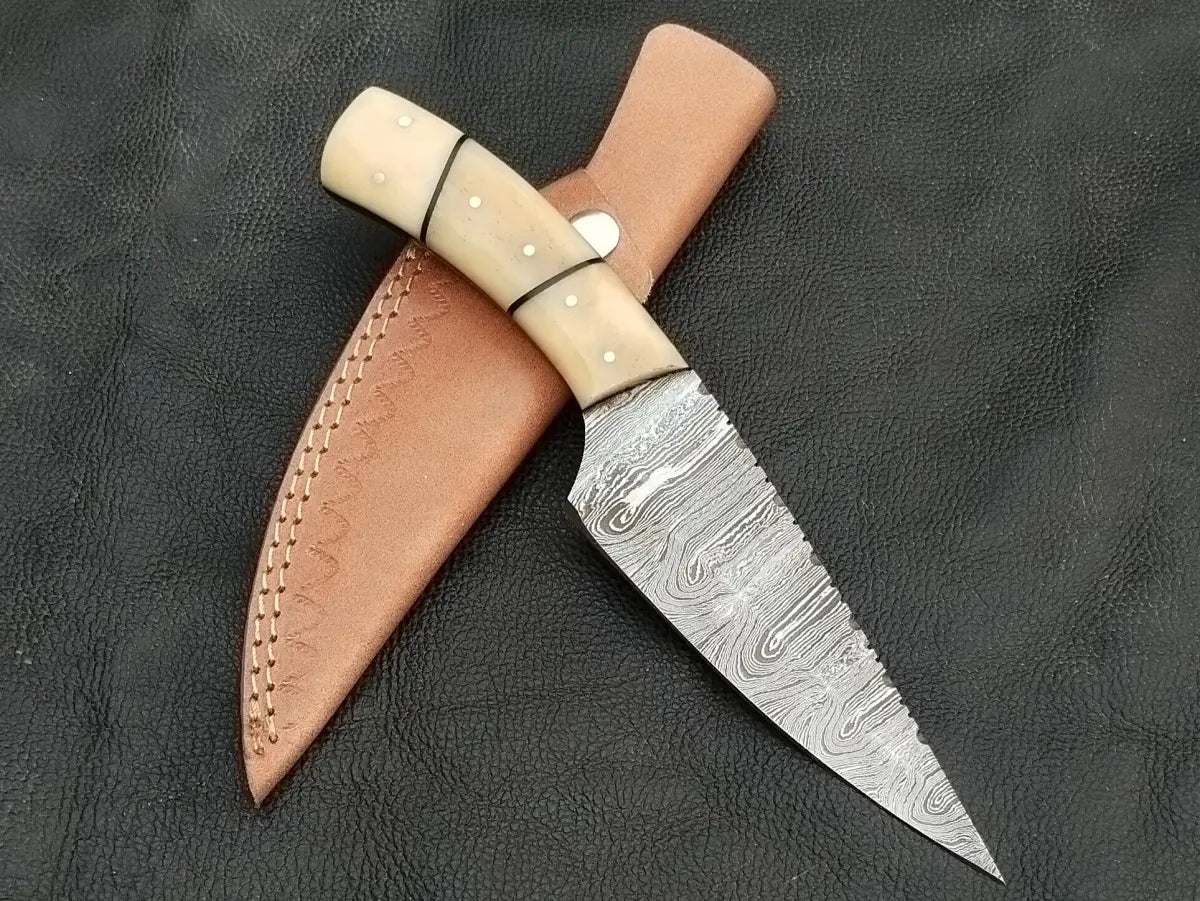 DAMASCUS STEEL BLADE-CAMEL BONE BOLSTERS- CAMEL HANDLE-SA-131-C - Damascus hunting knife