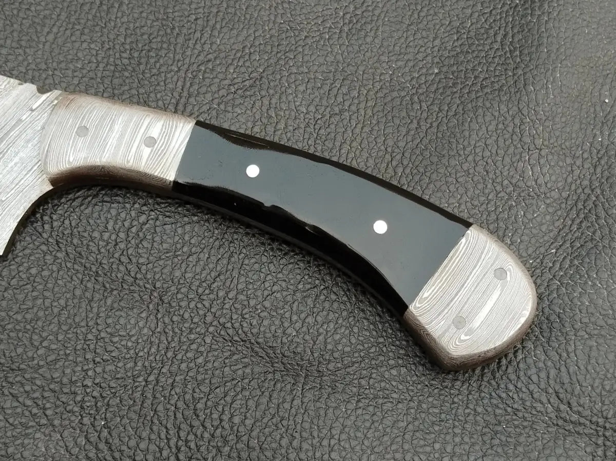 DAMASCUS STEEL BLADE-DAMASCS BOLSTERS-BLACK HORN HANDLE-SA-129-B - Damascus hunting knife