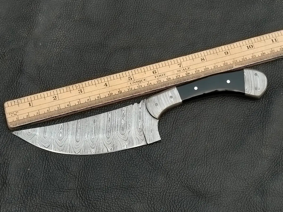 DAMASCUS STEEL BLADE-DAMASCS BOLSTERS-BLACK HORN HANDLE-SA-129-B - Damascus hunting knife