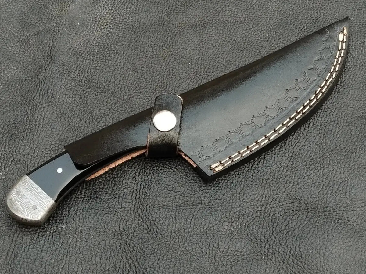 DAMASCUS STEEL BLADE-DAMASCS BOLSTERS-BLACK HORN HANDLE-SA-129-B - Damascus hunting knife