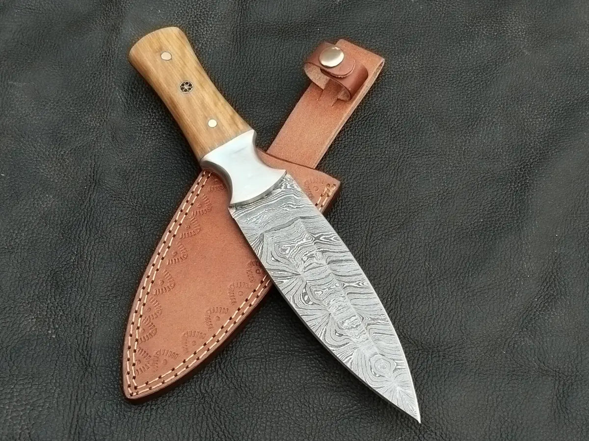 DAMASCUS STEEL BLADE-STEEL BOLSTERS- OLIVE WOOD HANDLE-SA-123-O - Damascus Steel Hunting Knife