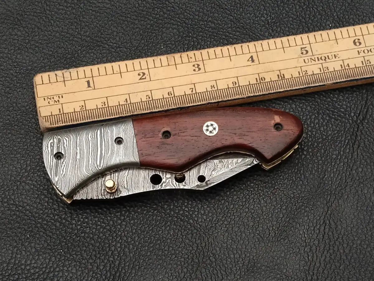 Damascus Steel Folding Knife-Damascus Blade-Damascus Bolsters-Rosewood Handle-SA101-R - pocket knife