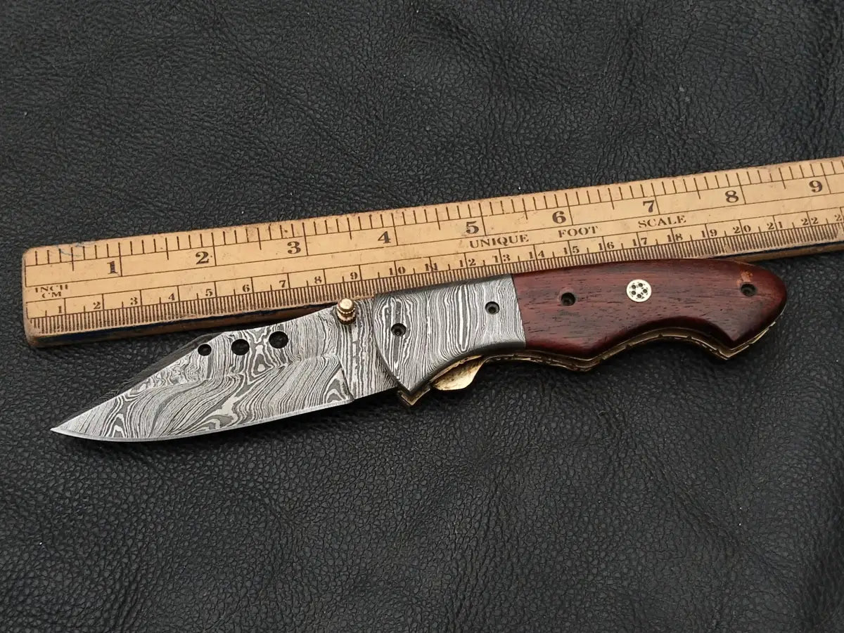 Damascus Steel Folding Knife-Damascus Blade-Damascus Bolsters-Rosewood Handle-SA101-R - pocket knife