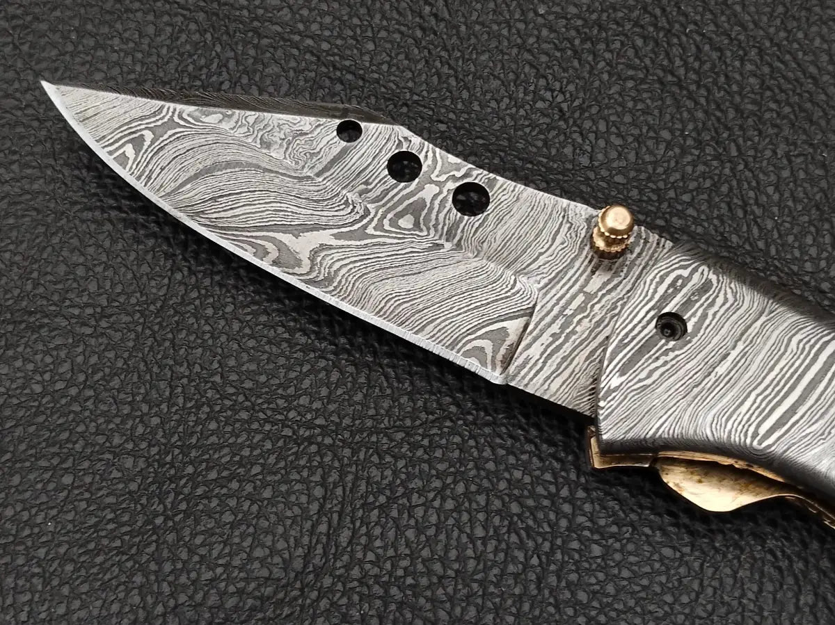 Damascus Steel Folding Knife-Damascus Blade-Damascus Bolsters-Rosewood Handle-SA101-R - pocket knife
