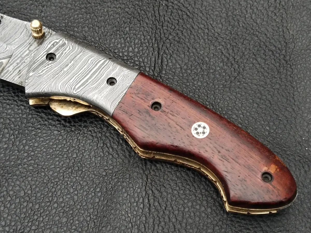 Damascus Steel Folding Knife-Damascus Blade-Damascus Bolsters-Rosewood Handle-SA101-R - pocket knife