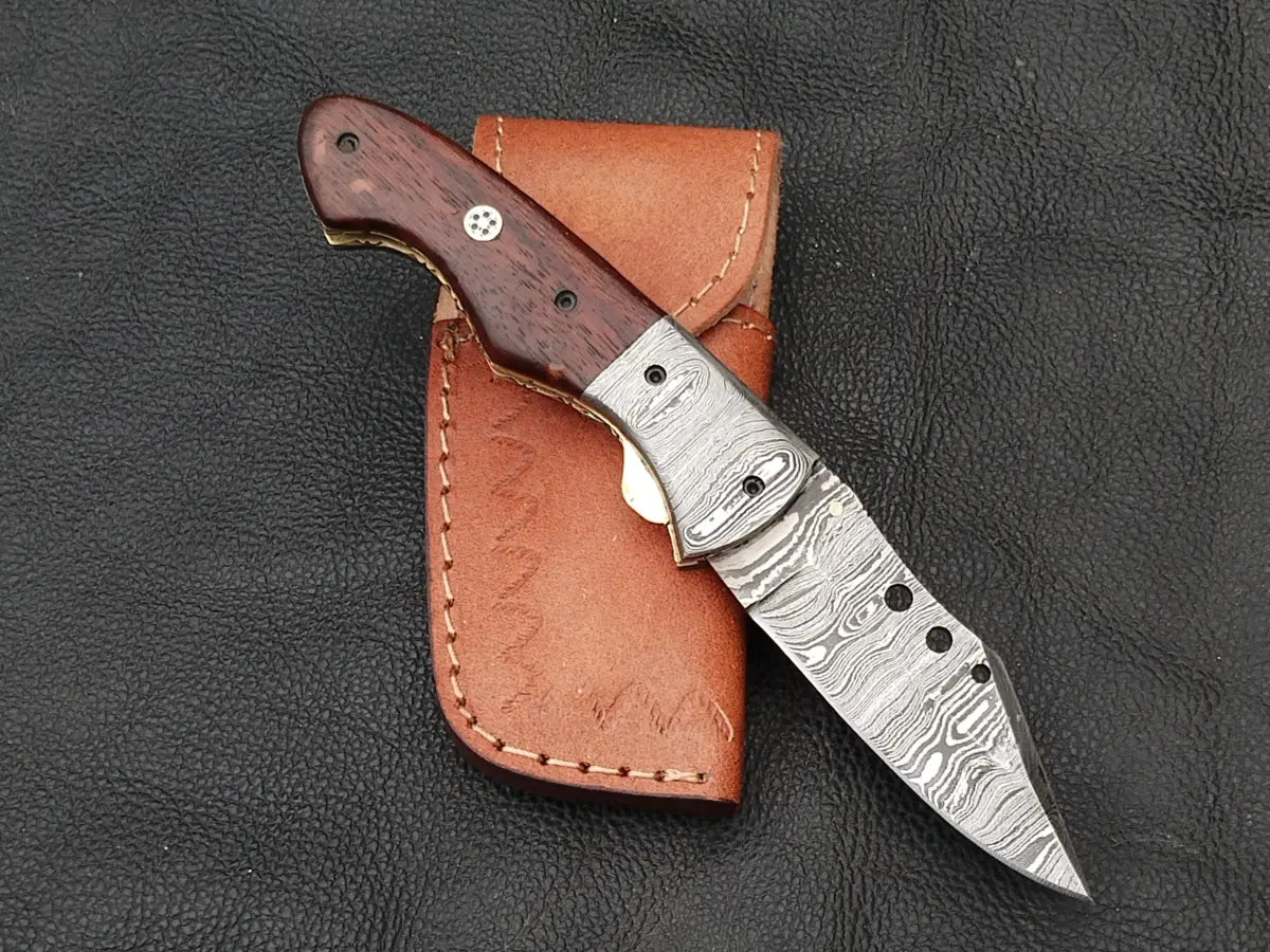 Damascus Steel Folding Knife-Damascus Blade-Damascus Bolsters-Rosewood Handle-SA101-R - pocket knife