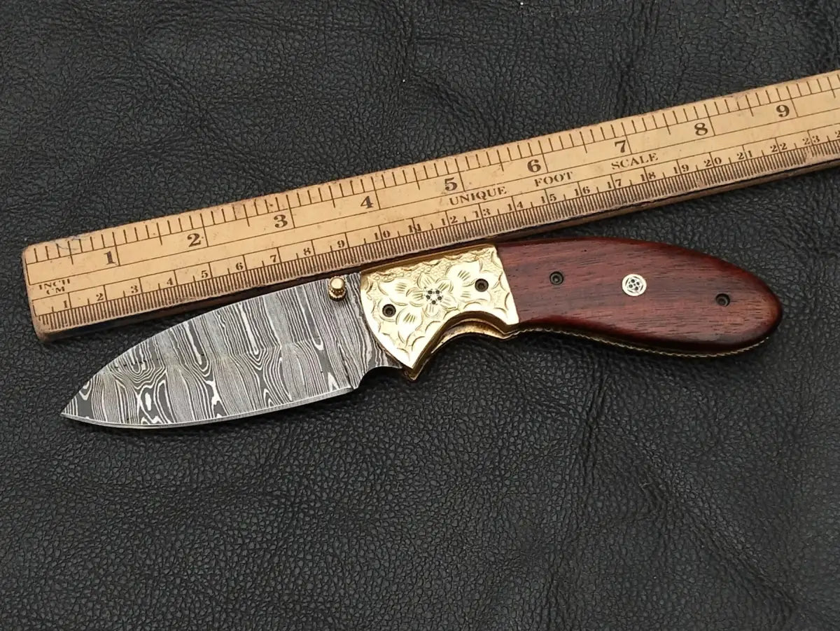 Damascus Steel Folding Knife-Damascus Bolsters- Brass Hand Engraved Bolsters-SA102-R - pocket knife