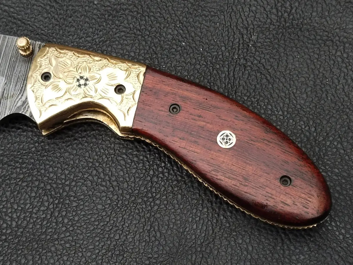 Damascus Steel Folding Knife-Damascus Bolsters- Brass Hand Engraved Bolsters-SA102-R - pocket knife