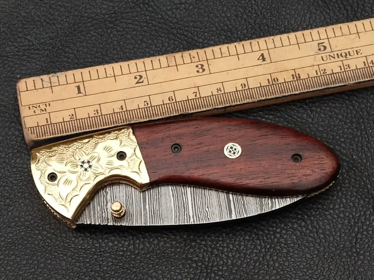 Damascus Steel Folding Knife-Damascus Bolsters- Brass Hand Engraved Bolsters-SA102-R - pocket knife