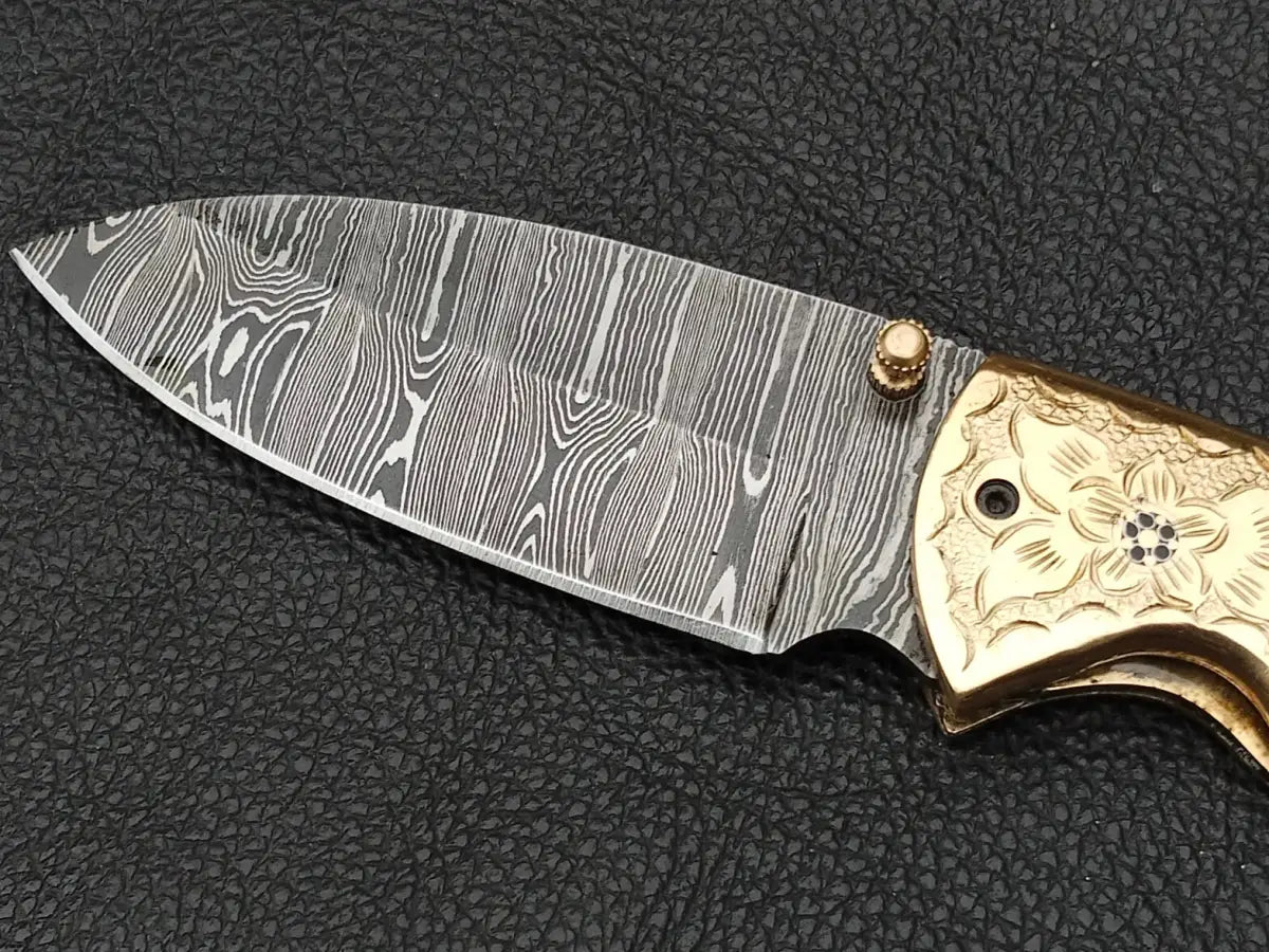 Damascus Steel Folding Knife-Damascus Bolsters- Brass Hand Engraved Bolsters-SA102-R - pocket knife