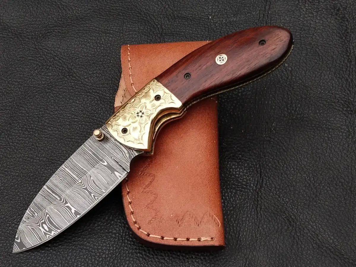 Damascus Steel Folding Knife-Damascus Bolsters- Brass Hand Engraved Bolsters-SA102-R - pocket knife