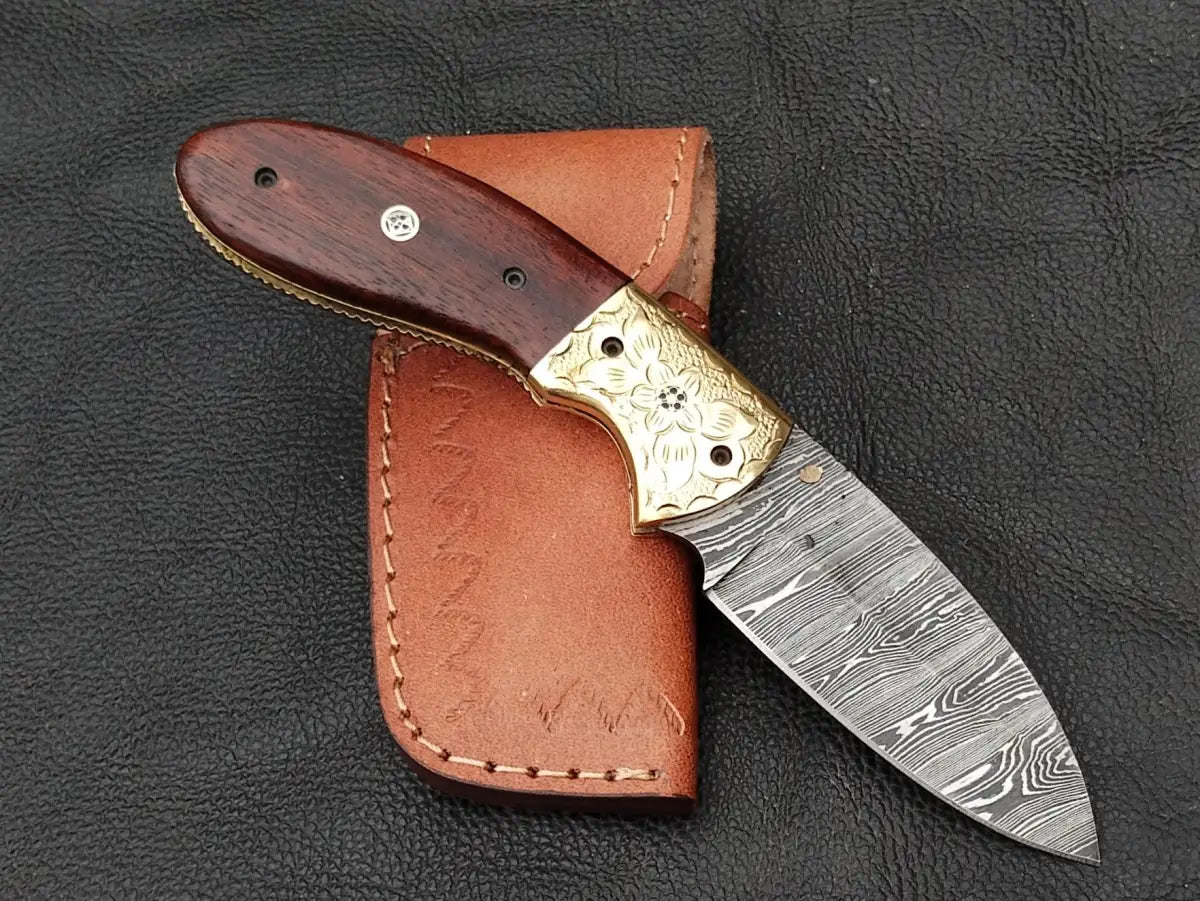 Damascus Steel Folding Knife-Damascus Bolsters- Brass Hand Engraved Bolsters-SA102-R - pocket knife