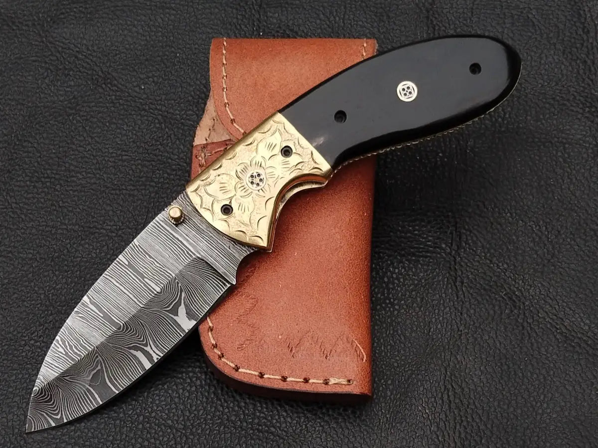 Damascus Steel Folding Knife-Damascus Bolsters- Brass Hand Engraved Bolsters-SA103-B - pocket knife