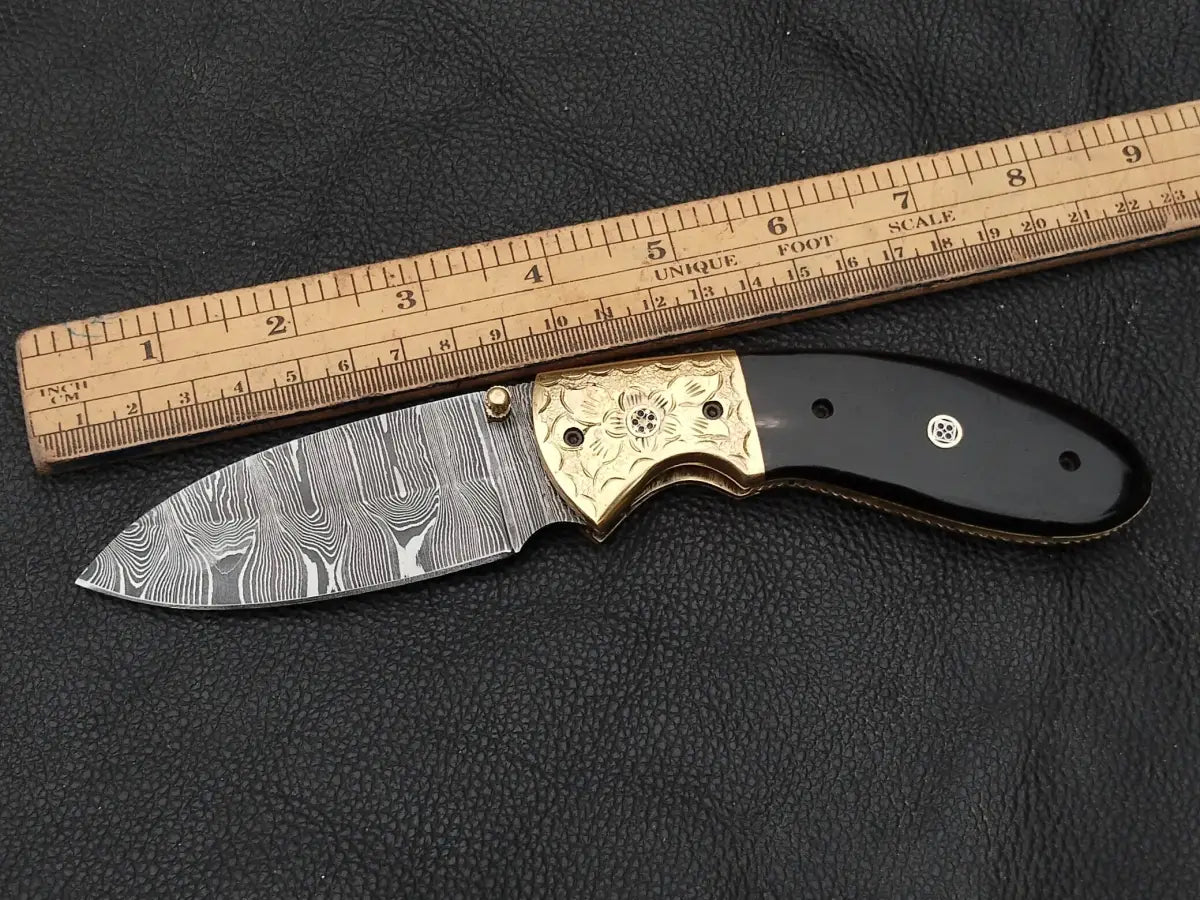 Damascus Steel Folding Knife-Damascus Bolsters- Brass Hand Engraved Bolsters-SA103-B - pocket knife