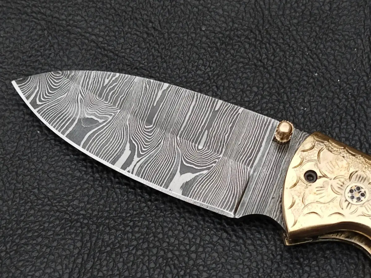 Damascus Steel Folding Knife-Damascus Bolsters- Brass Hand Engraved Bolsters-SA103-B - pocket knife