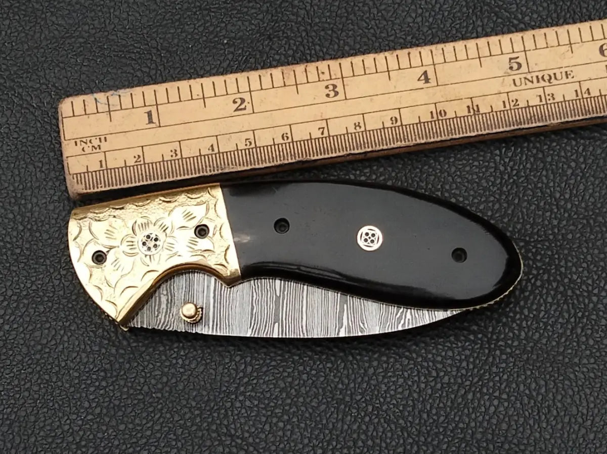 Damascus Steel Folding Knife-Damascus Bolsters- Brass Hand Engraved Bolsters-SA103-B - pocket knife