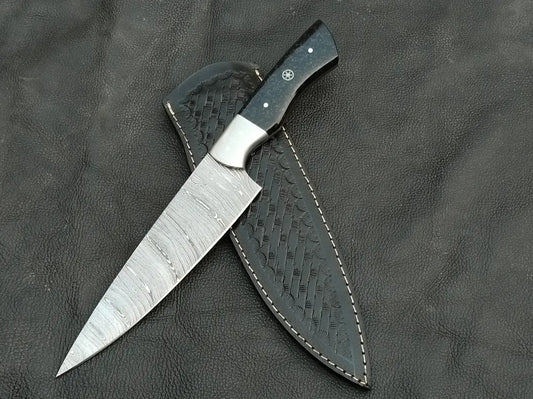Damascus Steel Kitchen Chef Knife-Black Horn handle-Damascus Bolsters-CK-02 - Chef’s Knife