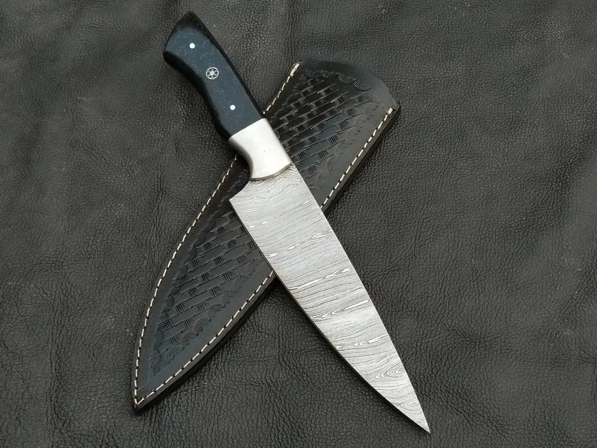 Damascus Steel Kitchen Chef Knife-Black Horn handle-Damascus Bolsters-CK-02 - Chef’s Knife