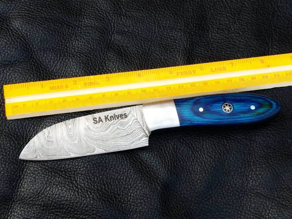 Damascus steel skinning knife SAK003 with a blue handle and grey accents