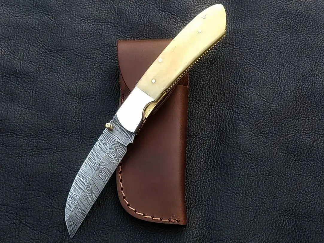 Handmade Damascus Steel Folding Knife with Bone Handle - C165, elegant craftsmanship