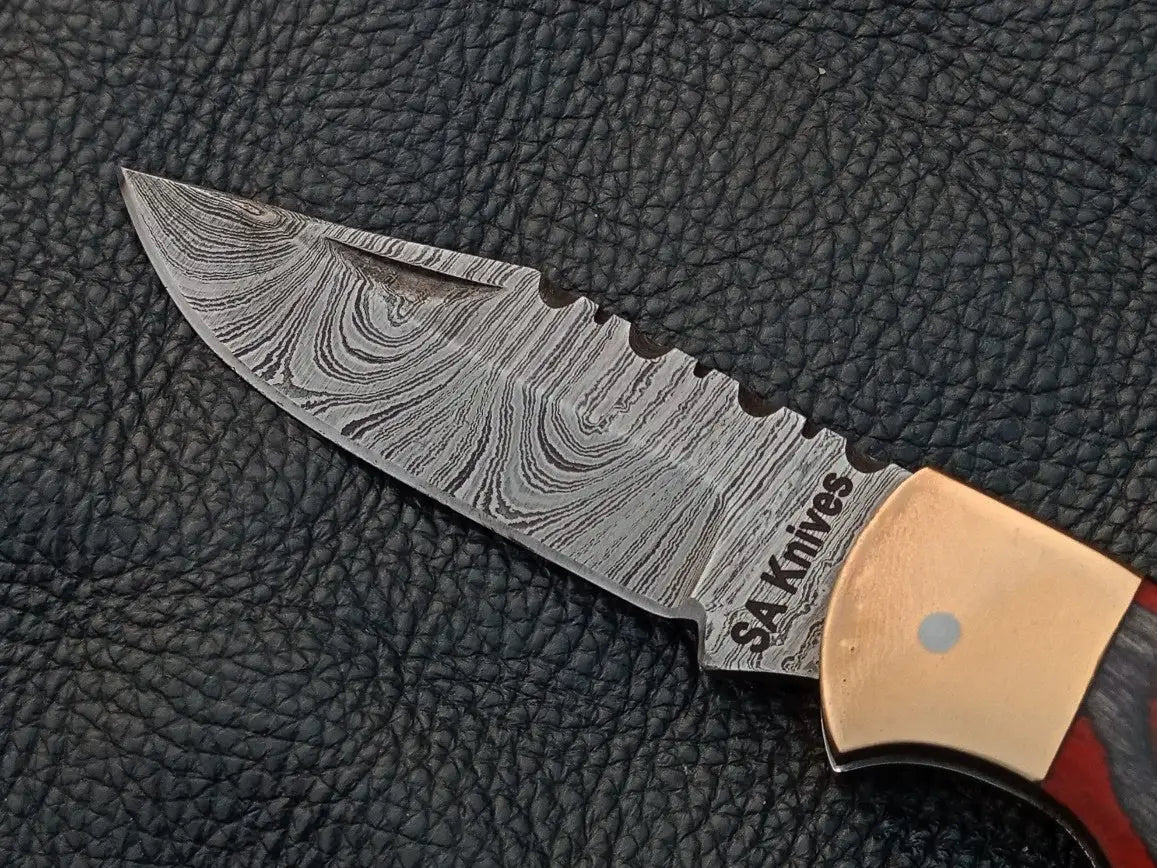Handmade Damascus Steel Folding Knife-SAF005 with intricate blade design and craftsmanship