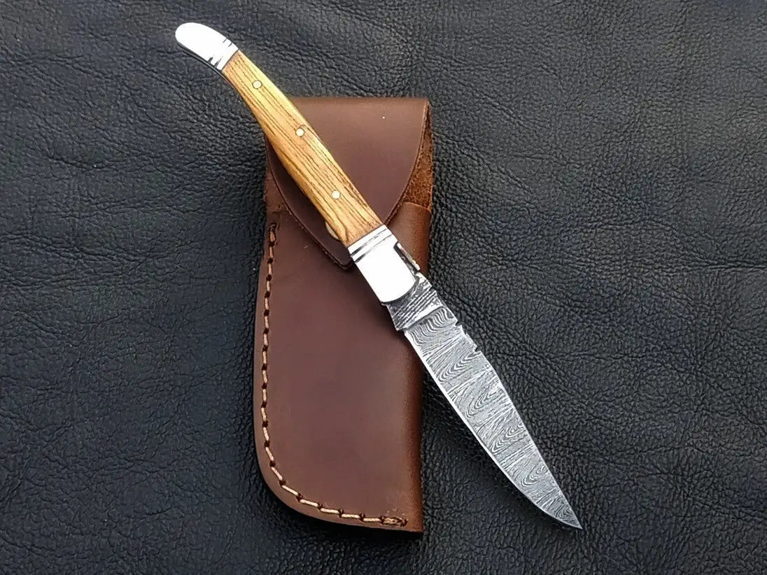 Handmade Damascus Steel Folding Knife C161 with leather sheath for collectors and enthusiasts