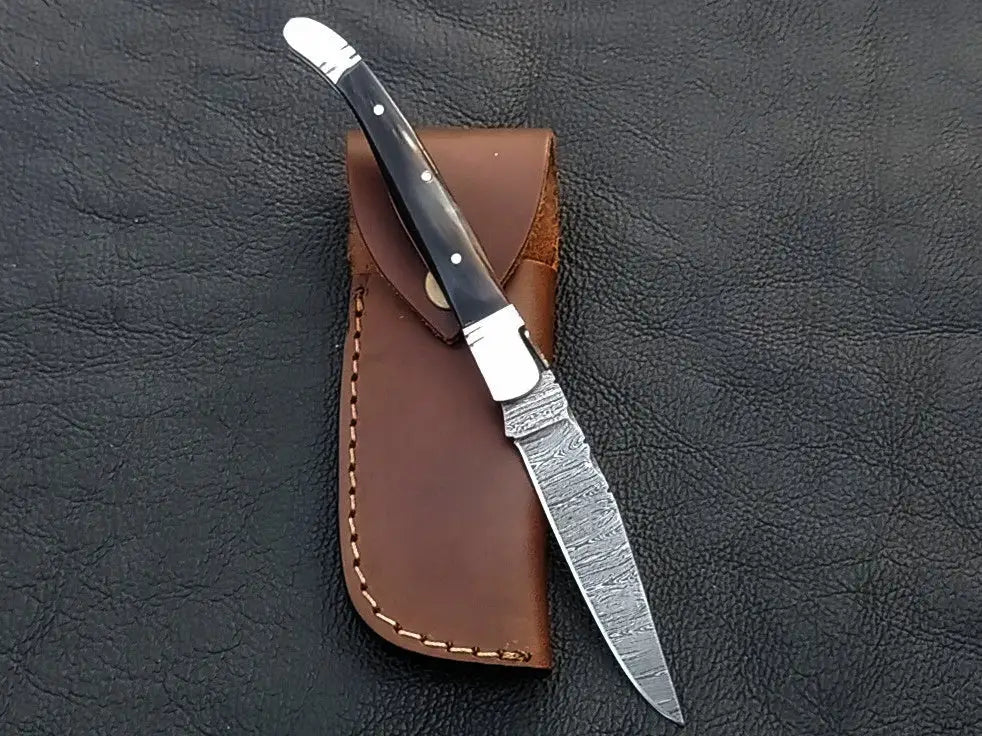 Handmade Damascus Steel Folding Knife C162 with Leather Sheath for Sale