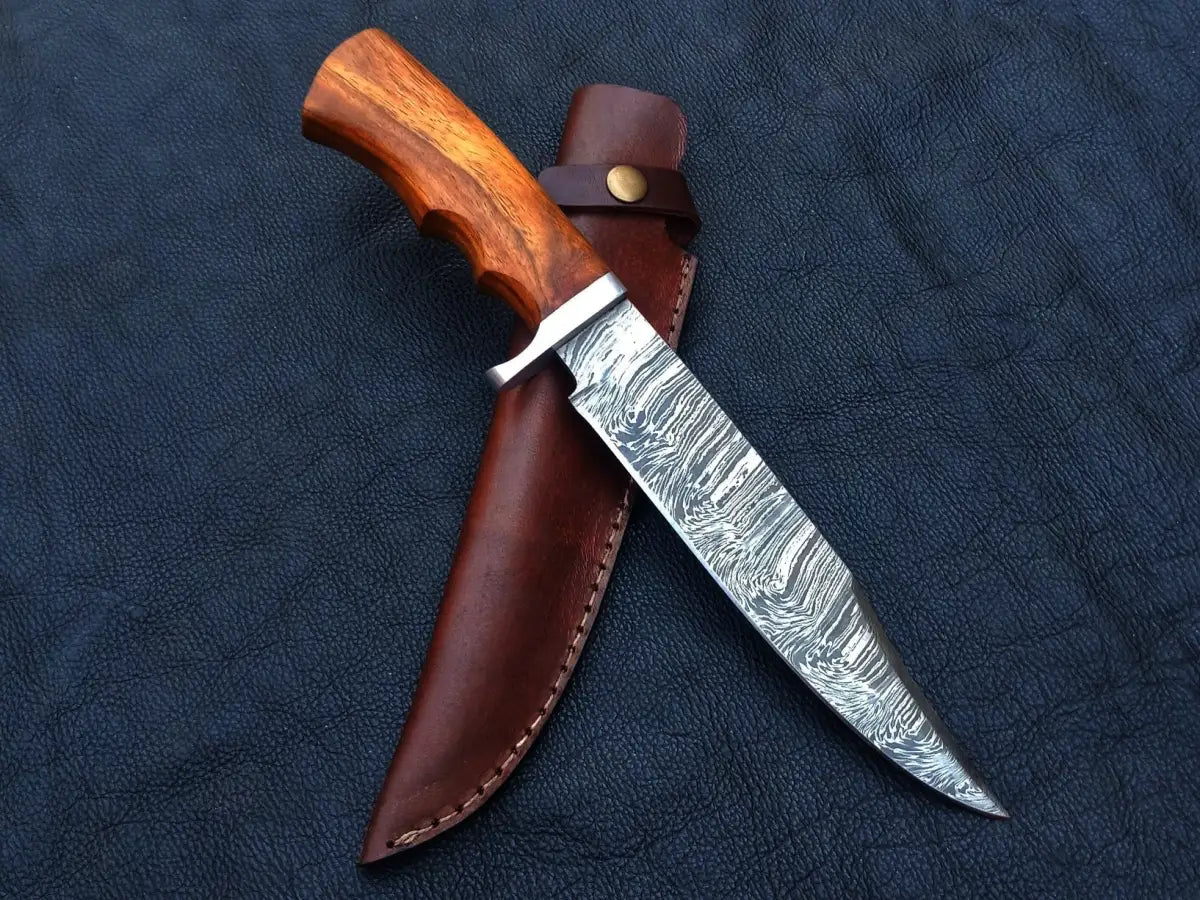 Handmade Damascus Steel Bowie knife with wooden handle and leather sheath