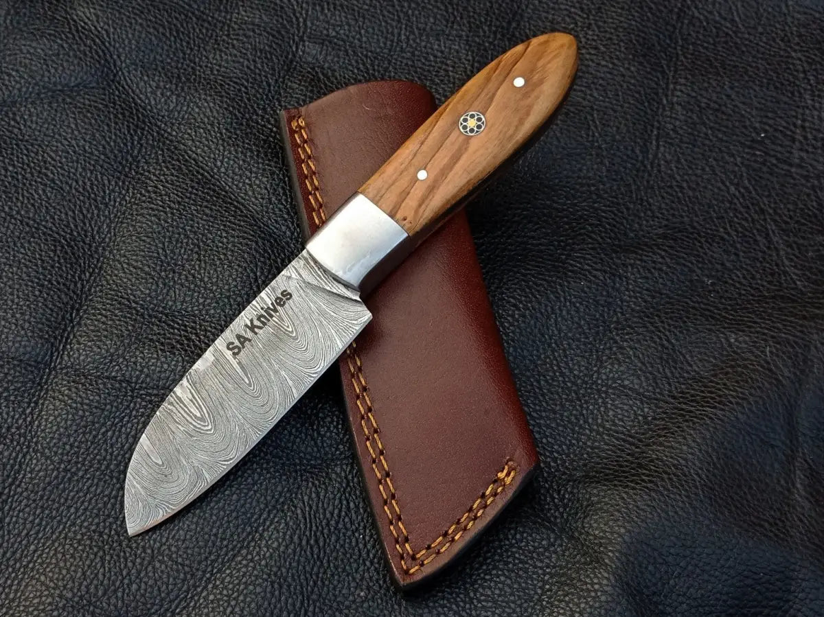 Damascus steel Olive Wood Skinning Knife SAK005 with wooden handle and leather sheath