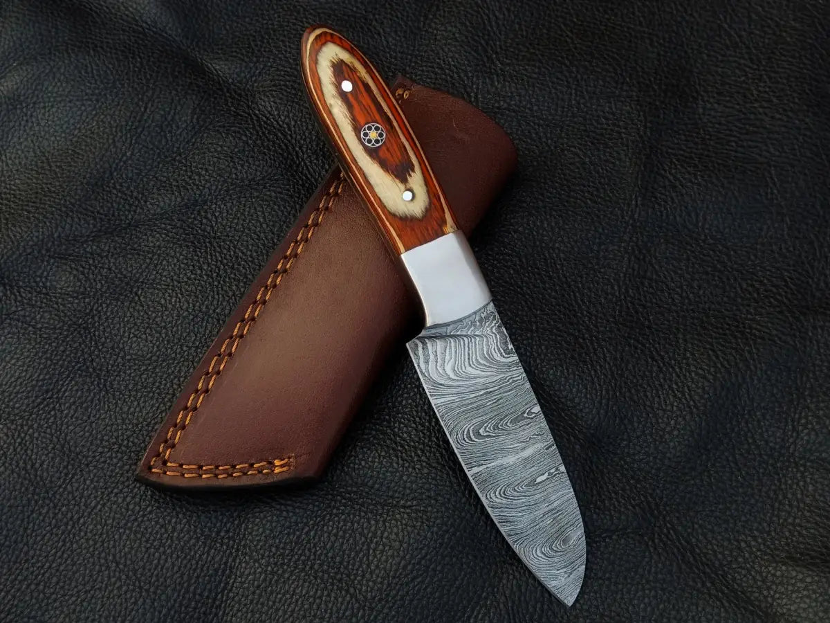 Damascus steel white skinning knife SAK001 with wooden handle and leather sheath