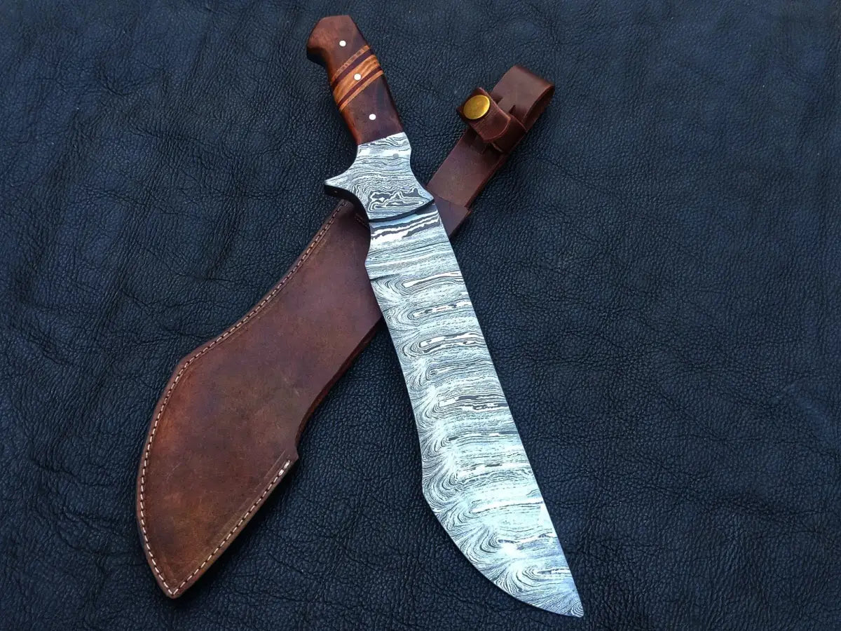 Handmade Damascus Steel Bush Tracker Knife with leather sheath and unique blade design