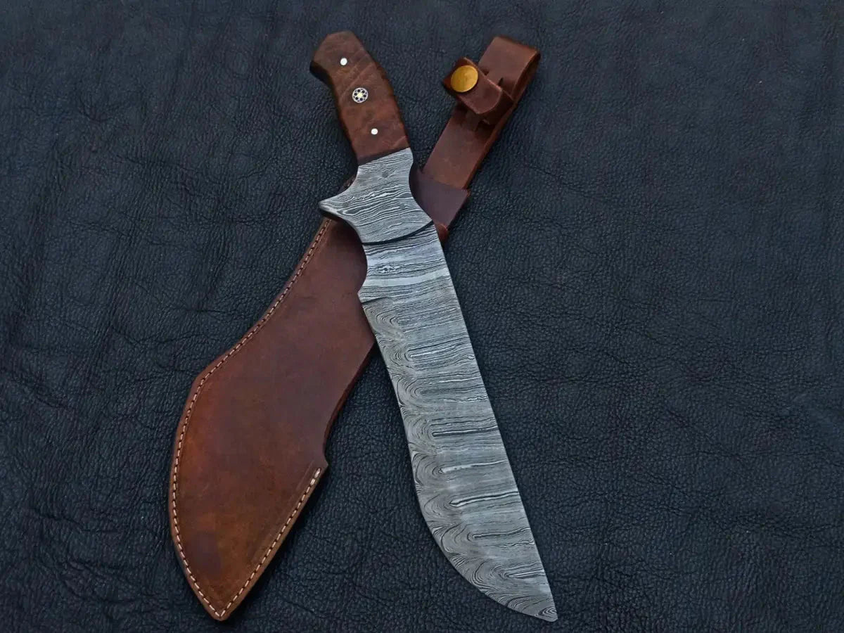 Handmade Damascus Steel Bush Tracker Knife-C190 with leather sheath display